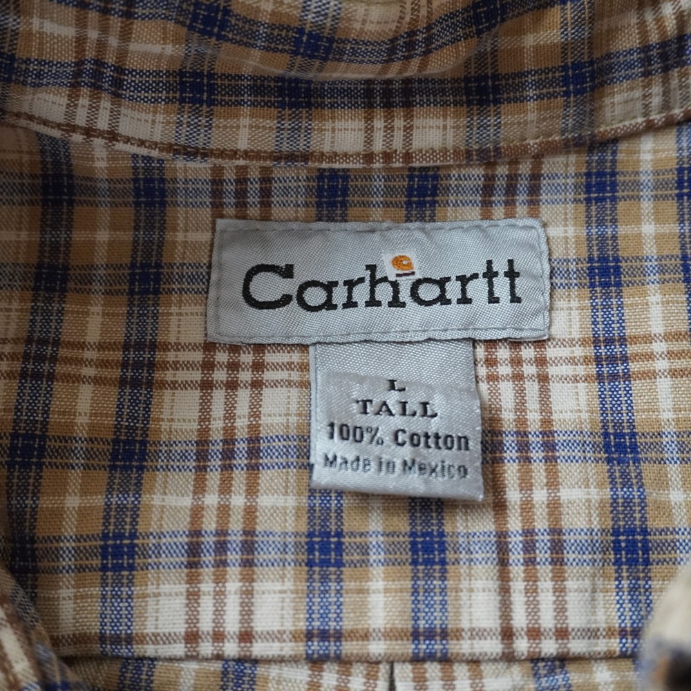 Vintage Carhartt Plaid Button Down Shirt Large Tall Mens Tan Blue Long Sleeve - Picture 5 of 7